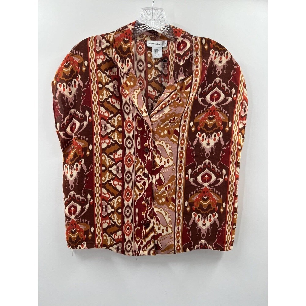 Cupcakes and Cashmere Women’s Button Front Short Sleeve Blouse Ikat Print XS NWT
